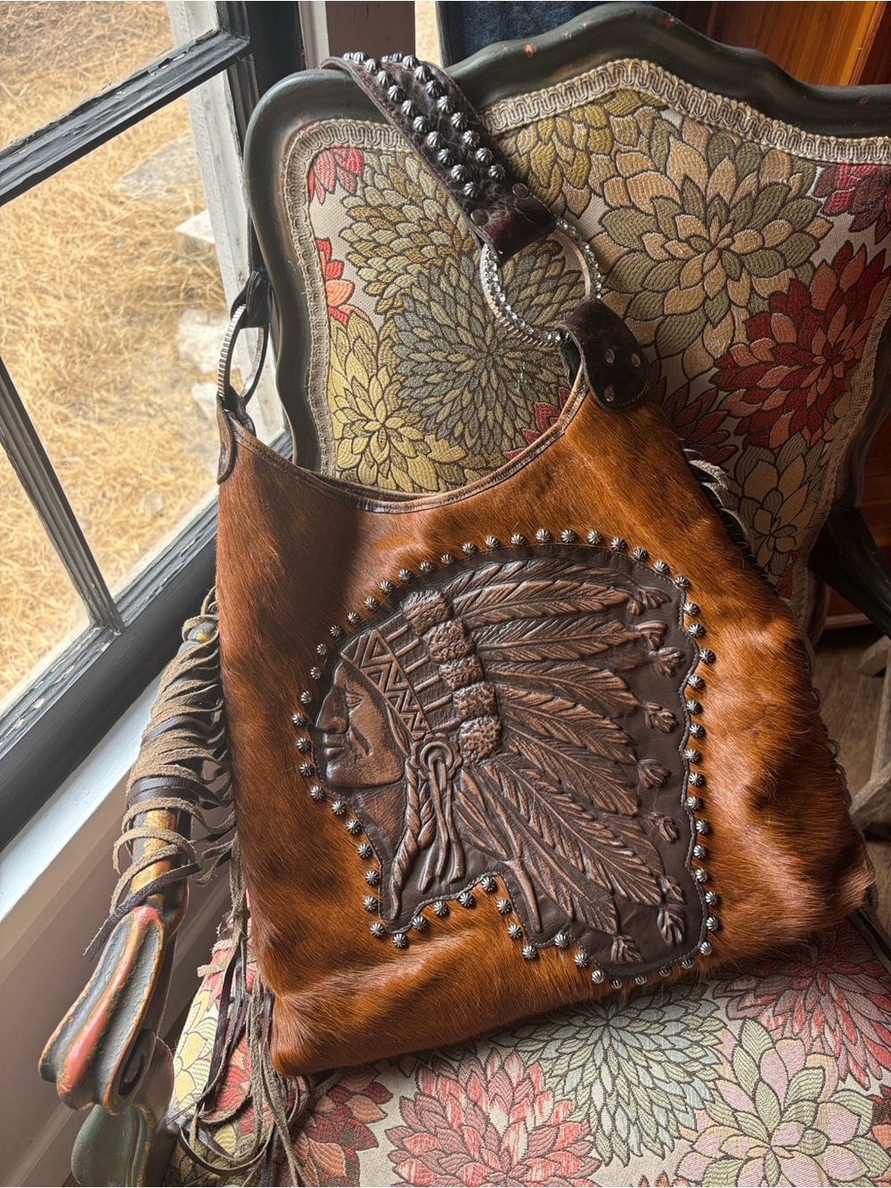 Raviani Brown Hair-On Leather Shoulder Bag with Embossed Headdress